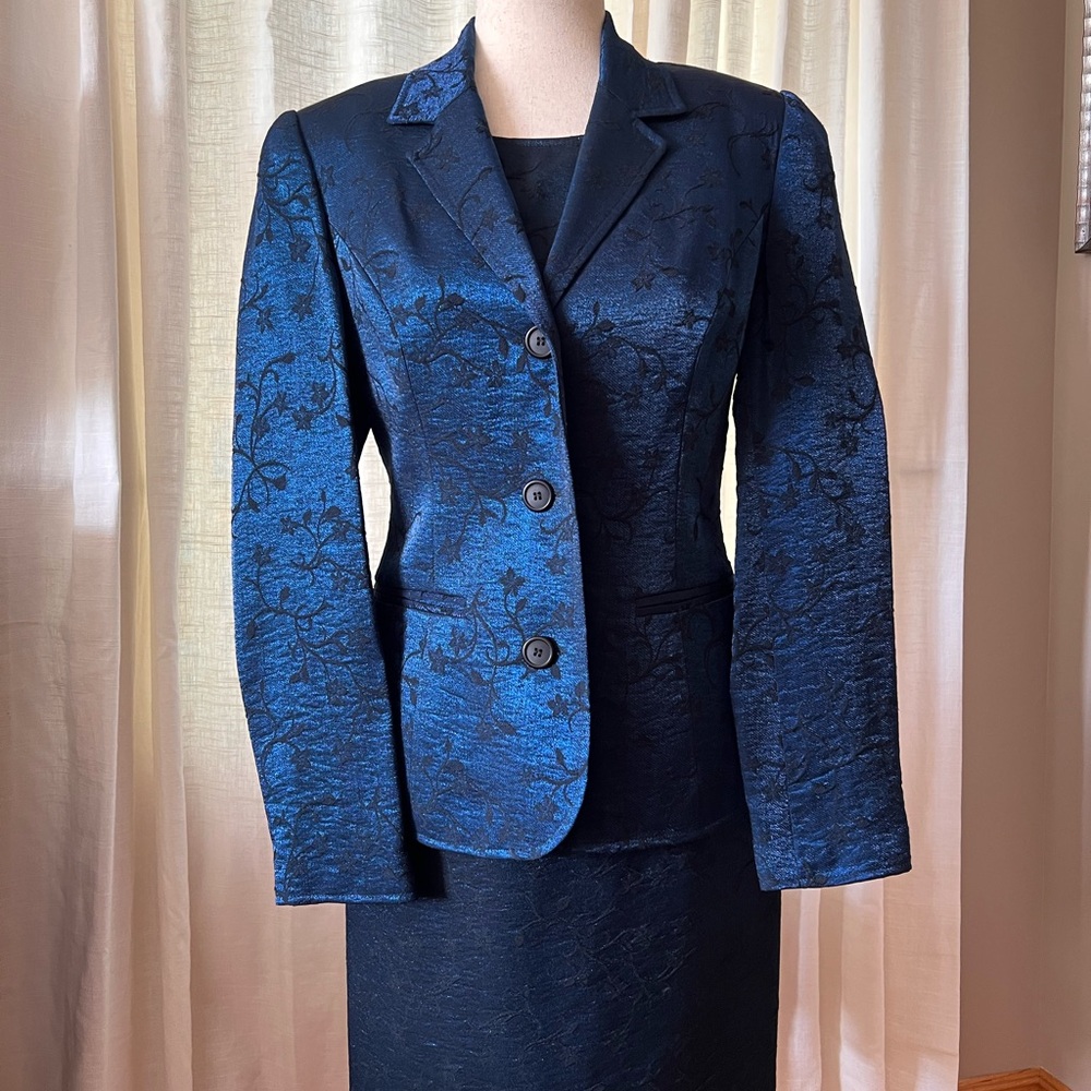 Ellen K Navy and Black Metallic Sleeveless Dress with Matching Blazer Size 4